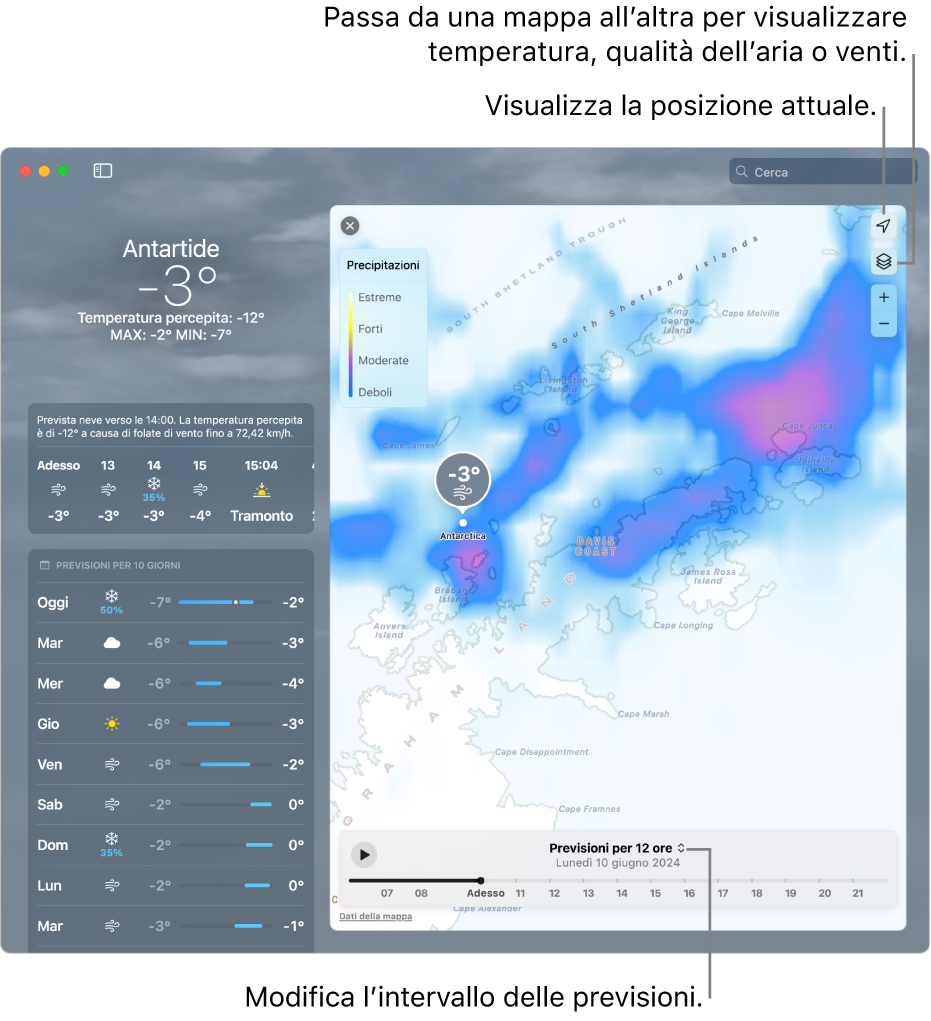 L’app Meteo che mostra la località, la temperatura attuale e le condizioni meteo, le previsioni orarie e a 10 giorni e una timeline.