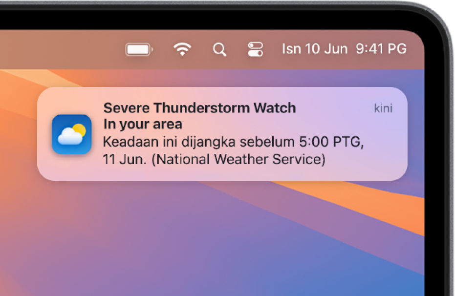 Pemberitahuan menunjukkan isyarat daripada perkhidmatan Cuaca Kebangsaan tentang ribut petir buruk.