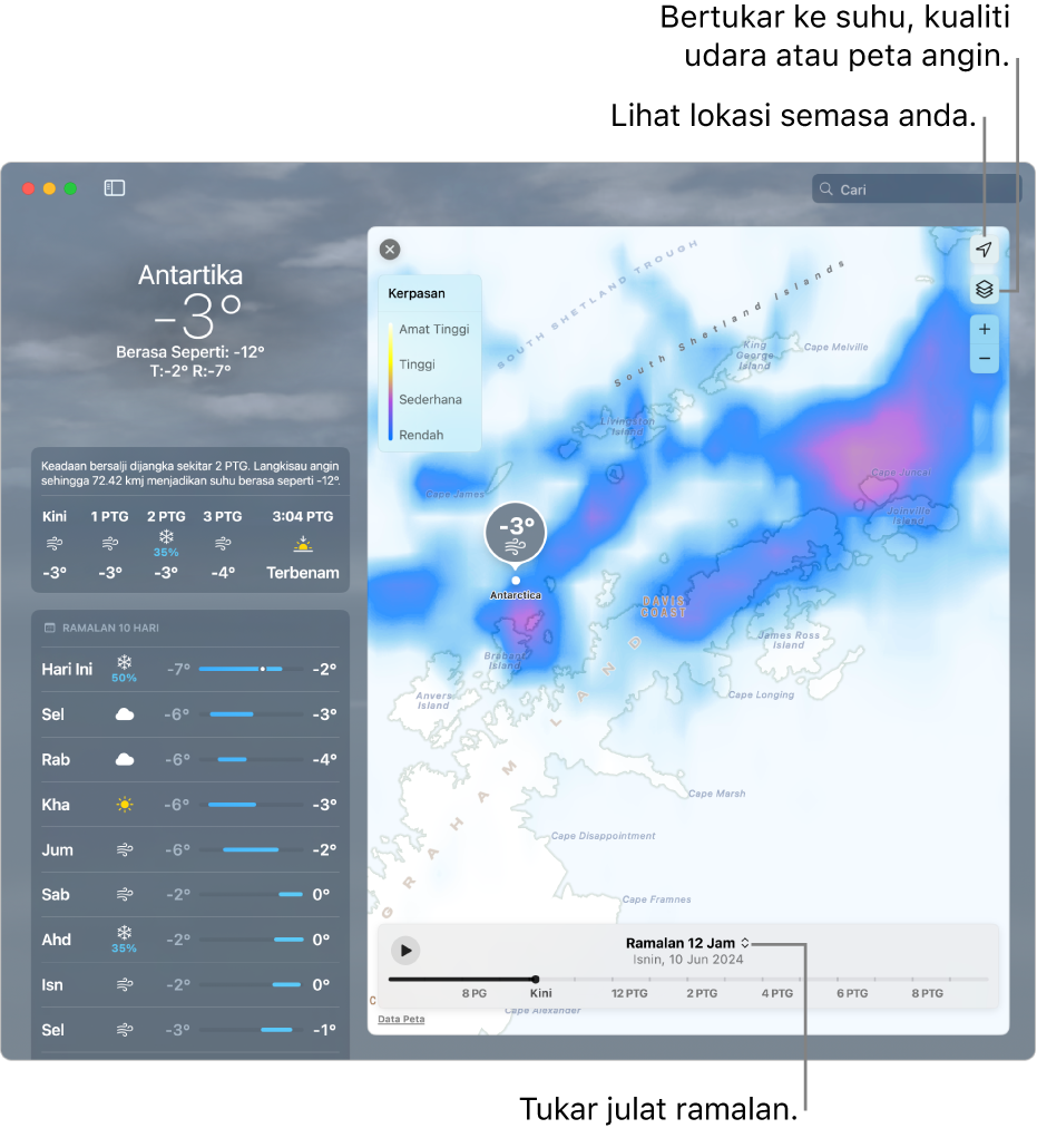 App Cuaca, yang menunjukkan lokasi, suhu dan keadaan cuaca semasa, ramalan setiap jam dan 10 hari serta garis masa.