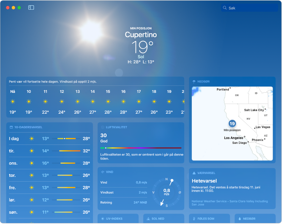 Været-vinduet viser informasjon som gjeldende temperatur, høyeste og laveste temperatur den dagen samt timesvarsel og 10-dagersvarsel.