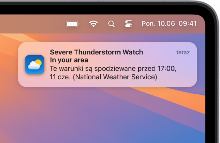 Powiadomienie pokazujące ostrzeżenie z Krajowej Służby Pogodowej o gwałtownej burzy z piorunami.