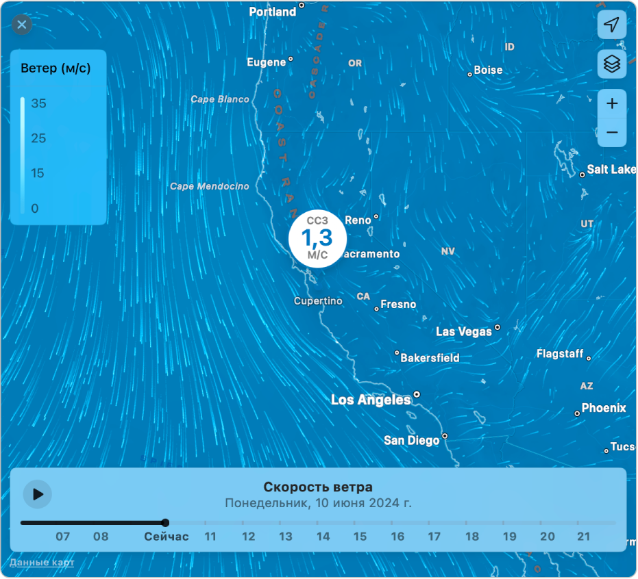 Подробная карта ветра, в центре которой показан город Купертино (Калифорния).