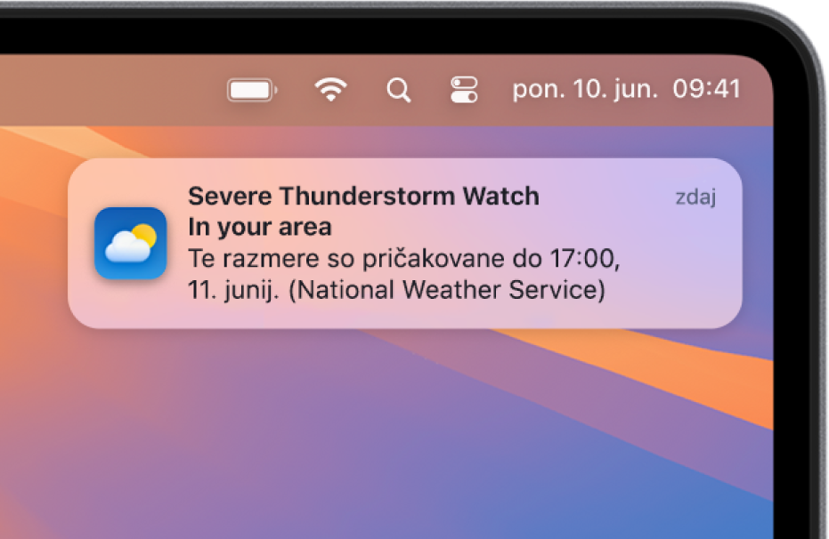 Obvestilo, ki prikazuje opozorilo državne vremenske službe glede močne nevihte.