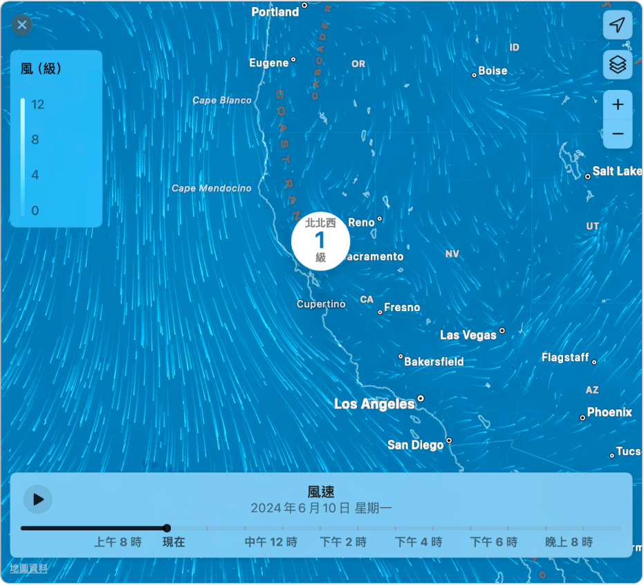 詳細風場圖以加州庫比蒂諾為中心。