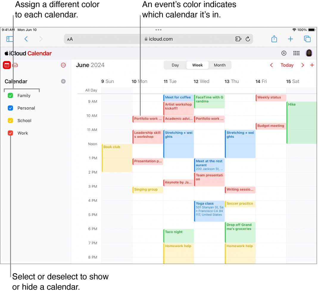 The Calendar window on iCloud.com, with several calendars visible. The calendars are assigned different colours, and an event’s colour indicates which calendar it’s in.