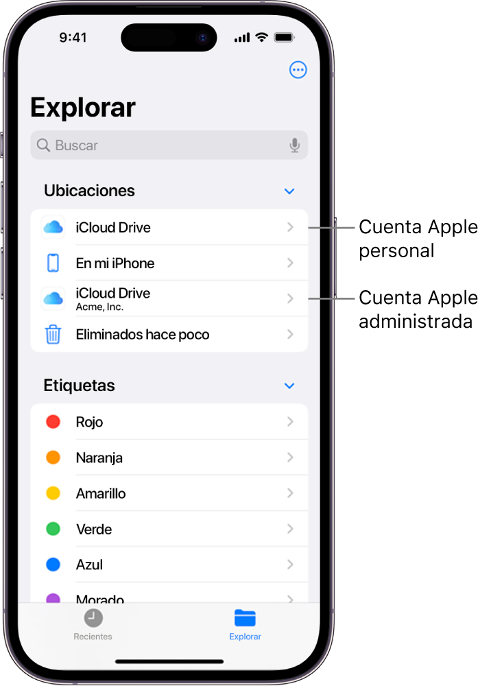 La pantalla de un iPhone mostrando dos iCloud Drives, una cuenta de una de Apple personal, y otra de una cuenta de Apple administrada.