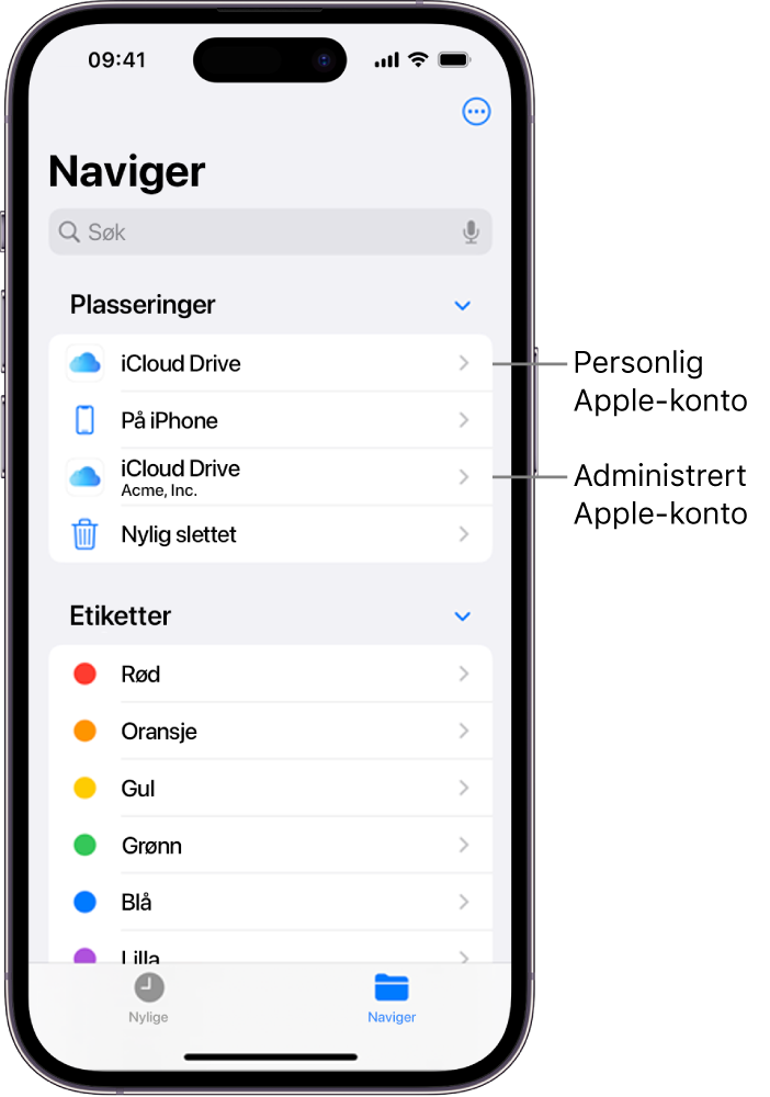 En iPhone-skjerm som viser to iCloud Drive-forekomster, én som bruker en personlig Apple-konto, og én som bruker en administrert Apple-konto.