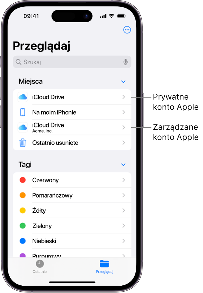 Ekran iPhone’a wyświetlający dwa dyski iCloud Drive, jeden używający osobistego konta Apple, a drugi używający zarządzanego konta Apple.