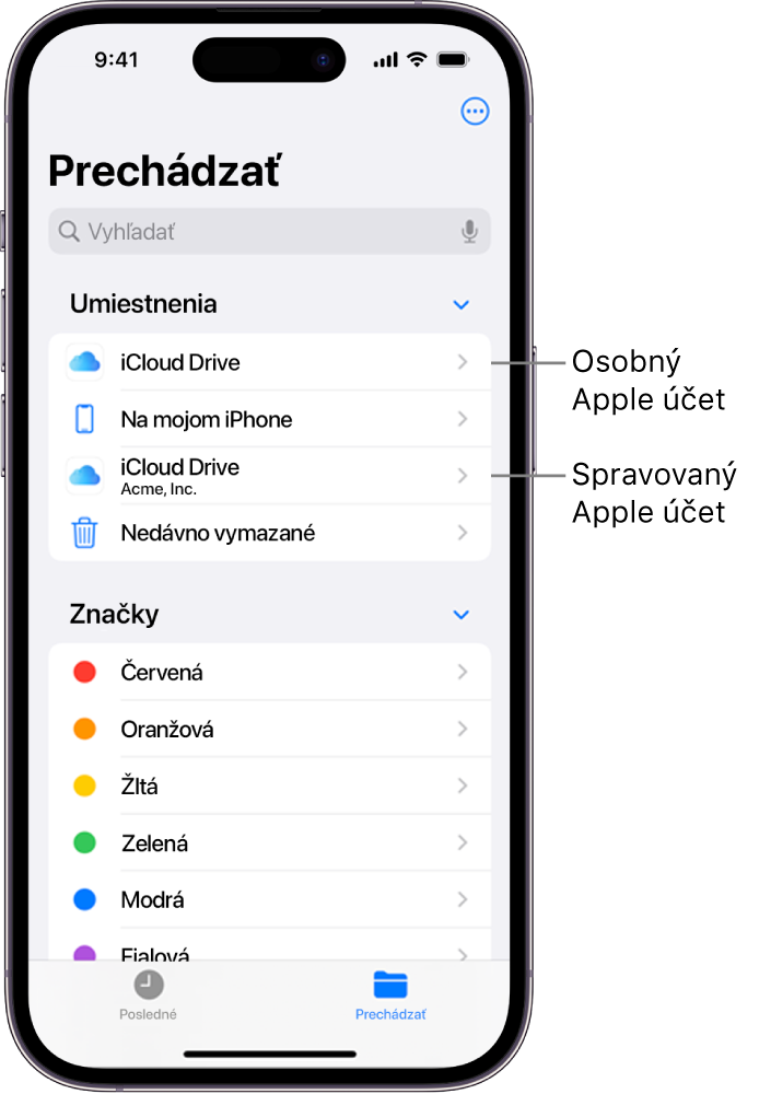 Obrazovka iPhonu zobrazujúca dve varianty iCloud Drivu, pričom jeden používa osobný Apple účet a druhý používa spravovaný Apple účet.