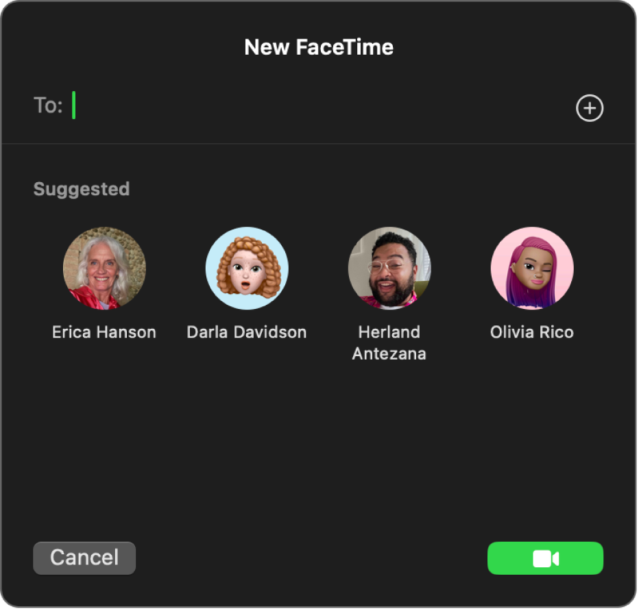 Το παράθυρο «Νέο FaceTime» – εισαγάγατε καλούντες απευθείας στο πεδίο «Προς» ή επιλέξτε άτομα από τα «Προτεινόμενα».