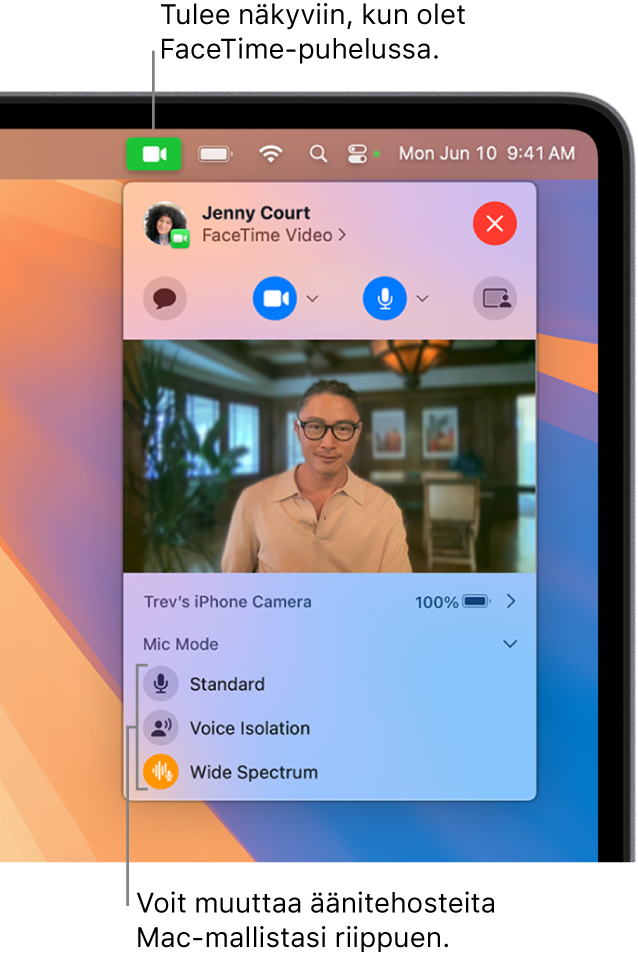 Ohjauskeskus Macin näytön oikeassa yläkulmassa. Näkyvillä ovat Video-kuvake (joka näkyy ollessasi FaceTime-puhelussa) sekä Mikrofonitila-valinnat (jotka muuttavat Macistasi riippuvaisia äänitehosteita).