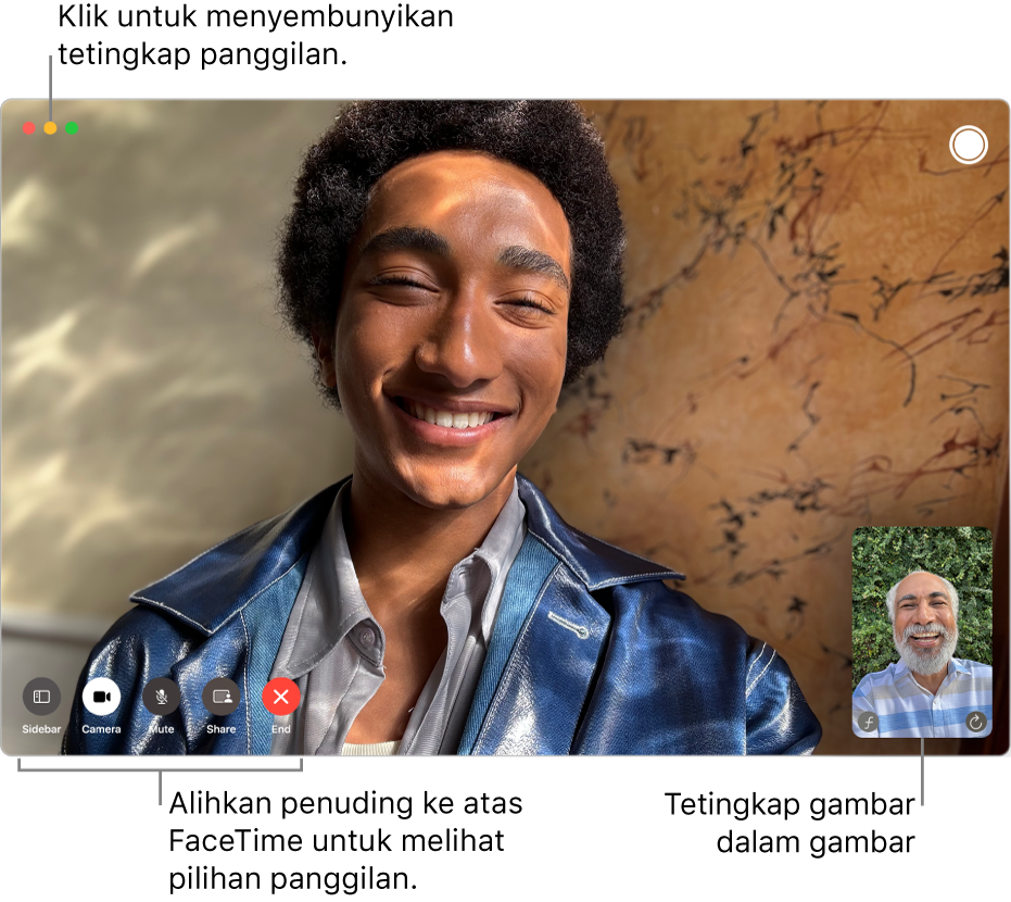 Gerakkan penuding ke atas tetingkap FaceTime untuk melihat butang Bar Sisi, Kamera, Senyap, Kongsi Skrin, Tamatkan Panggilan dan Live Photo. Klik butang tengah di penjuru kiri atas untuk menyembunyikan tetingkap panggilan. Tetingkap gambar dalam gambar muncul di penjuru kanan bawah.