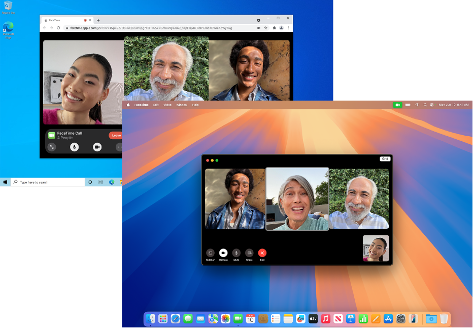 En MacBook Pro med en aktiv gruppesamtale i FaceTime. Bak den er det en PC med en aktiv gruppesamtale i FaceTime på nettet.