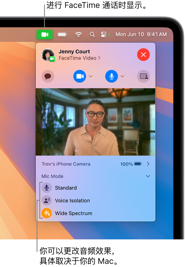 Mac 屏幕右上角的“控制中心”，显示“视频”按钮（在 FaceTime 通话期间显示）和“麦克风模式”选项（可更改音频效果，具体取决于你的 Mac）。