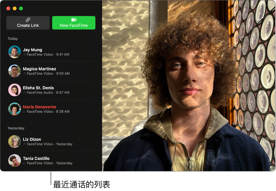 FaceTime 通话窗口左侧显示最近来电方的列表。