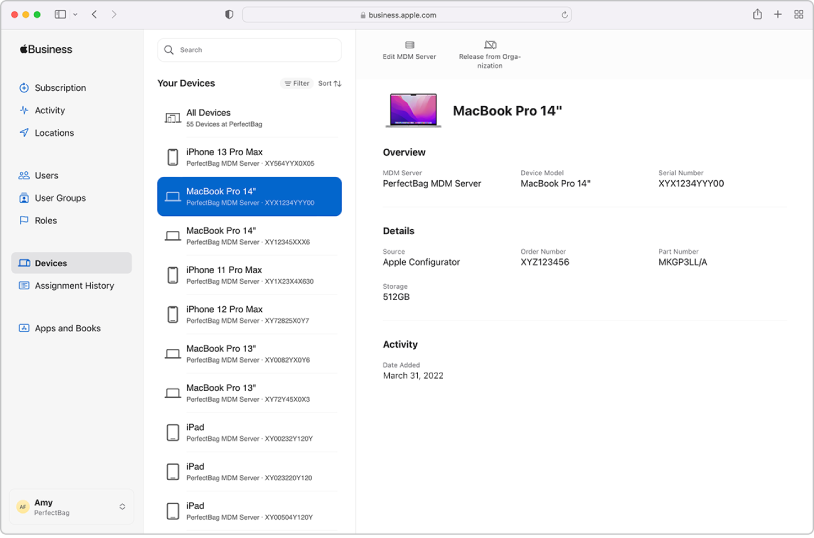 La ventana del dispositivo de Apple Business Manager en la que se muestra un dispositivo seleccionado y su información.