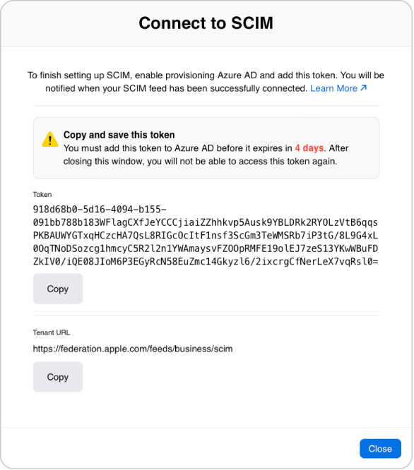 「SCIMに接続」ウインドウに、トークンと、その下に「コピー」ボタンが表示されている。右下には、ウインドウの「閉じる」ボタンがある。