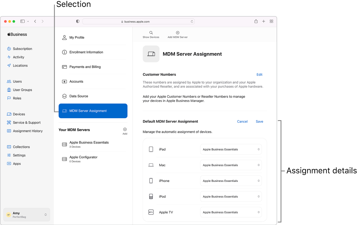 The Apple Business Essentials window, with the MDM Server Assignment open to a pane for setting default device assignments.