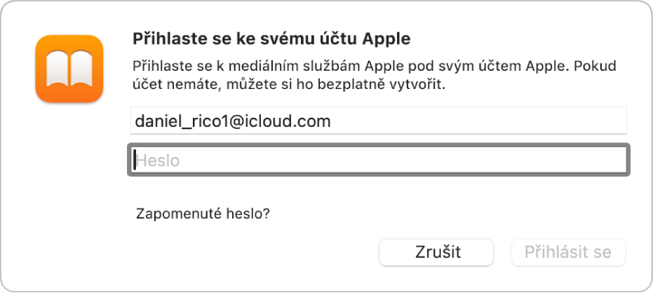 Dialogové okno „Přihlášení k účtu Apple“ v aplikaci Knihy