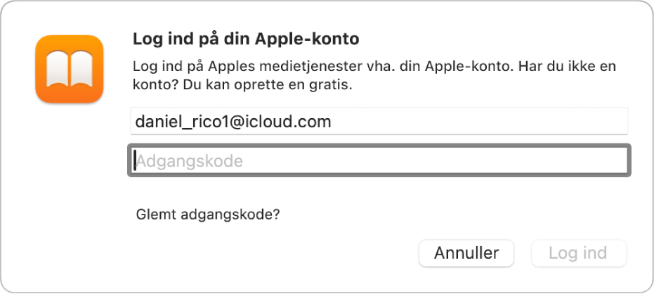 Dialogen “Log ind på din Apple-konto” i Bøger.