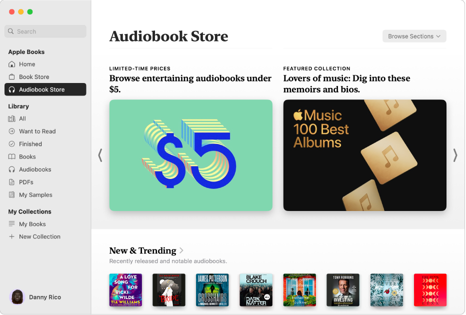 A Books app window showing the Audiobook Store selected in the sidebar, with categories of titles to the right including New & Trending and Limited-Time Prices.