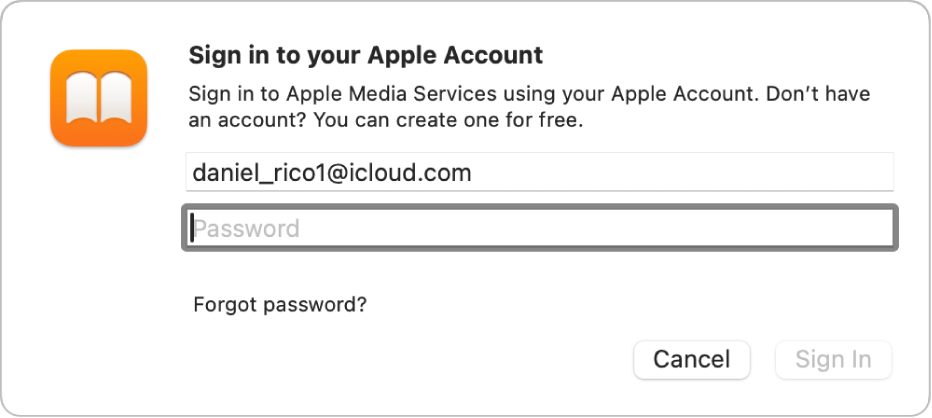 The “Sign in to your Apple Account” dialog in Books.