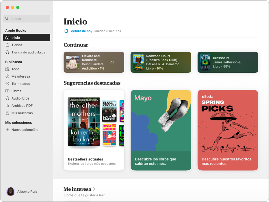 Una ventana de la app Libros mostrando la pestaña Inicio seleccionada en la barra lateral, y las secciones Continuar y Sugerencias destacadas en la derecha.