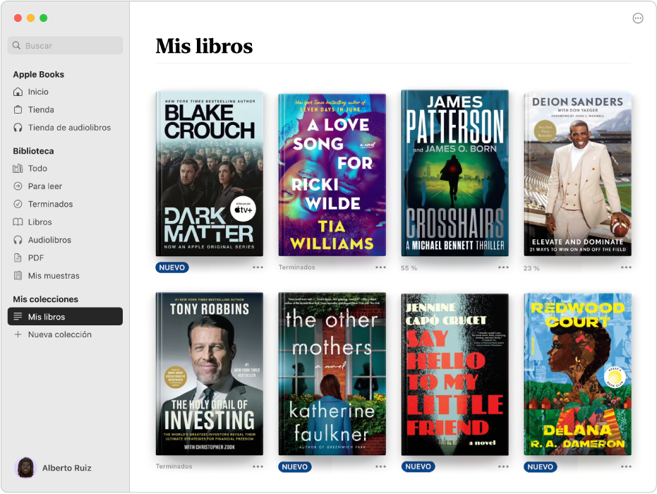 Una ventana de la app Libros con la sección “Mis libros” seleccionada en la barra lateral y la colección de libros elegidos expresamente a la derecha.