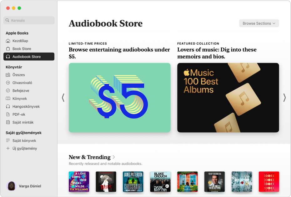 A Könyvek app ablaka, amelyben az oldalsávon a Audiobook Store látható kijelölve, a jobb oldalon pedig különféle hangoskönyvek kategóriái jelennek meg, többek között a New & Trending és a Limited-Time Prices kategória.