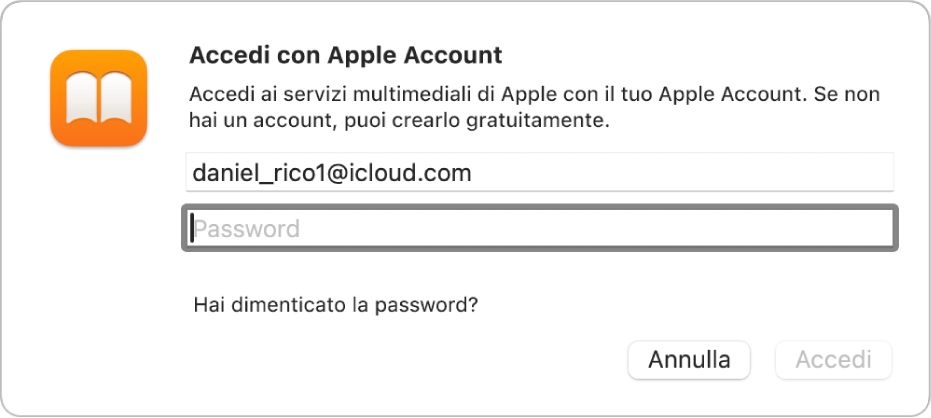 La finestra di dialogo “Accedi al tuo Apple Account” in Libri.