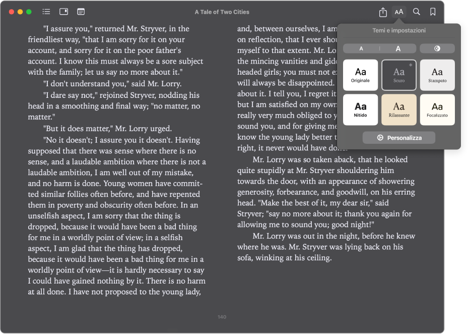 Un libro con una visualizzazione personalizzata e il menu relativo all’aspetto che mostra i valori selezionati per la dimensione del testo, il colore di sfondo e il font.