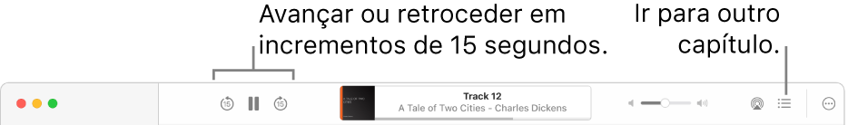 O leitor de audiolivros na aplicação Livros a mostrar, da esquerda para a direita, o botão “Velocidade de reprodução”, os botões “Avançar”, “Pausar” e “Retroceder”, o título e o autor do audiolivro que está a ser reproduzido, o nivelador “Volume”, o botão “AirPlay”, o botão “Índice” e o botão “Mais”.