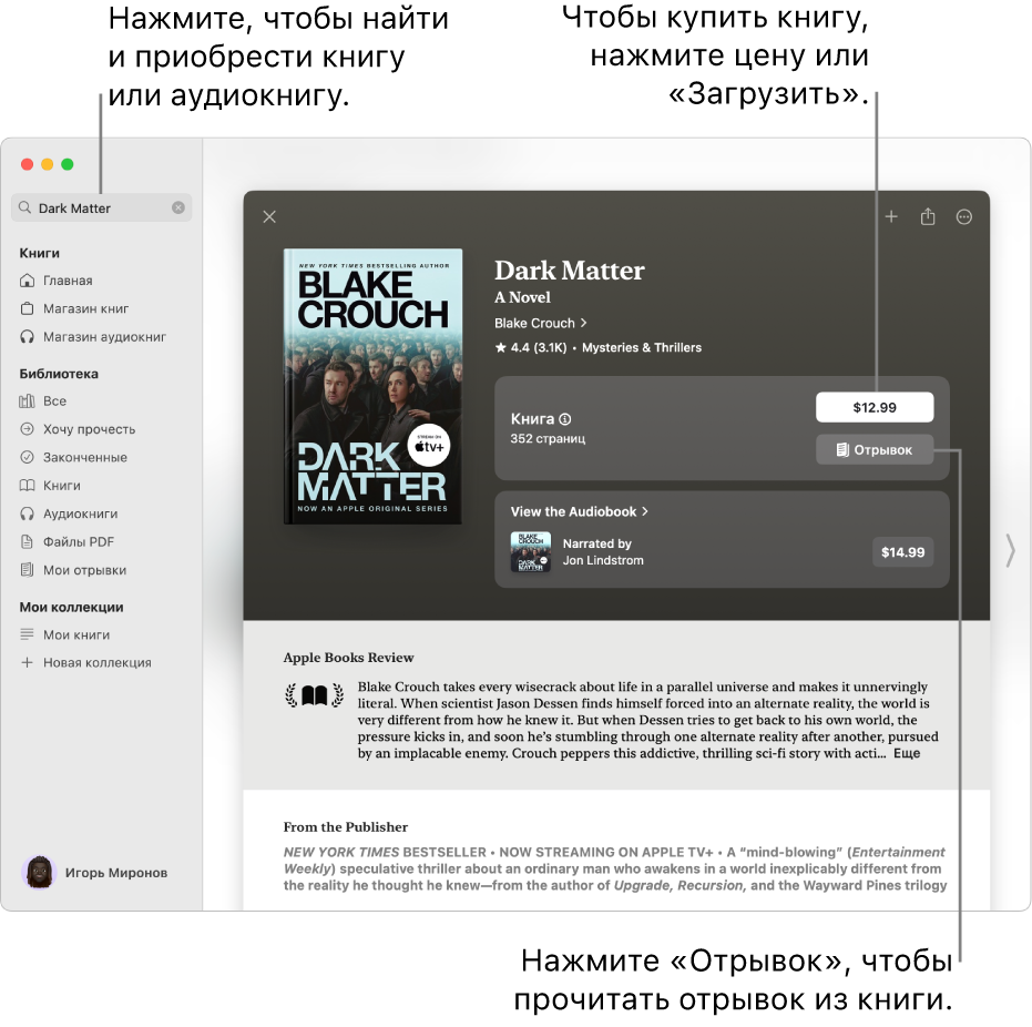 Окно с названием книги, введенным в поле поиска слева. Справа показана страница книги и доступные действия: купить книгу или аудиокнигу либо ознакомиться с отрывком. В окне также показаны обзоры и описание книги от издателя.