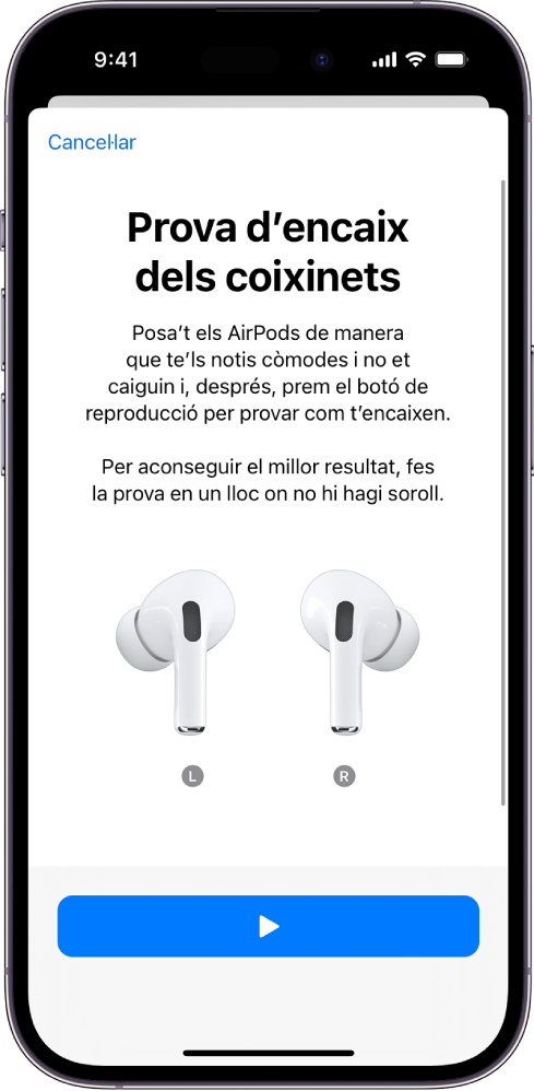 Pantalla de l’iPhone que mostra la prova d’encaix de coixinets dels AirPods Pro 1.