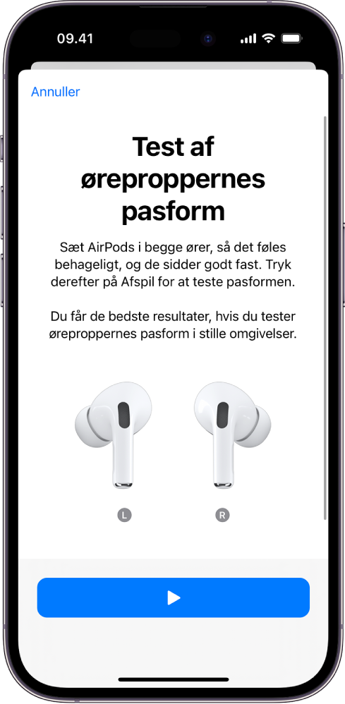 En iPhone-skærm, der viser Test af øreproppernes pasform til AirPods Pro 1.