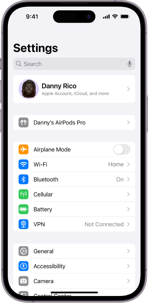 The Settings app on iPhone, showing a user’s connected AirPods listed at the top of the screen.