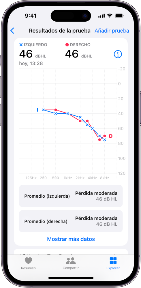 Un audiograma en el iPhone con pérdida auditiva moderada en ambos oídos.