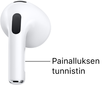 AirPods 3 -kuulokkeiden painalluksen tunnistimen kohta AirPods-kuulokkeiden varressa.