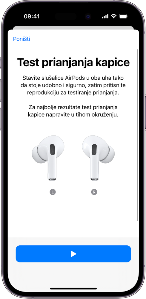 Na zaslonu iPhonea prikazuje se Test prianjanja kapice za AirPods Pro 1.