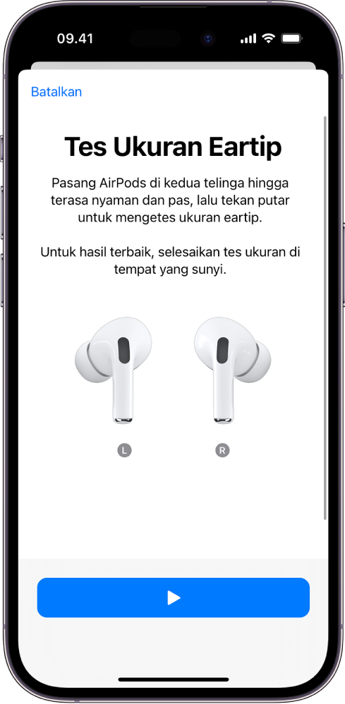 Layar iPhone menampilkan layar Tes Kesesuaian Eartip untuk AirPods Pro 1.