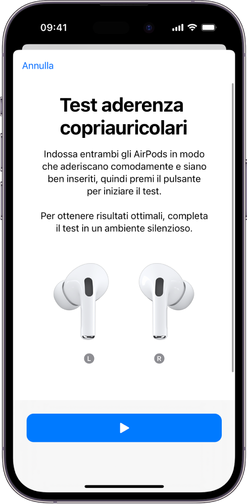 Schermata di iPhone che mostra il test di aderenza dei copriauricolari per gli AirPods Pro 1.