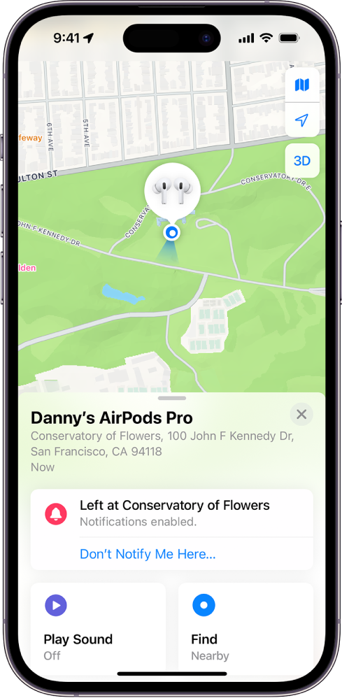 „iPhone“ programos „Lokatorius“ ekranas. „AirPods Pro“ vieta rodoma San Fransisko žemėlapyje: nurodytas adresas ir pateiktos parinktys „Leisti garsą“, „Rasti“ bei „Pranešimai“.