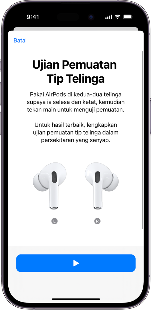 Skrin iPhone memaparkan Ujian Pemuatan Tip Telinga untuk AirPods Pro 1.