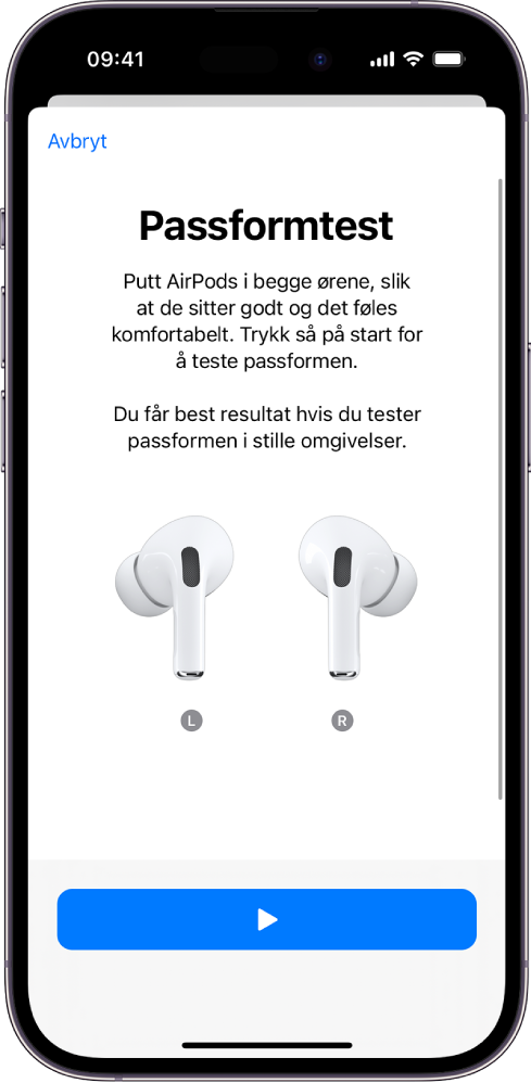 En iPhone-skjerm viser passformtesten for AirPods Pro 1.