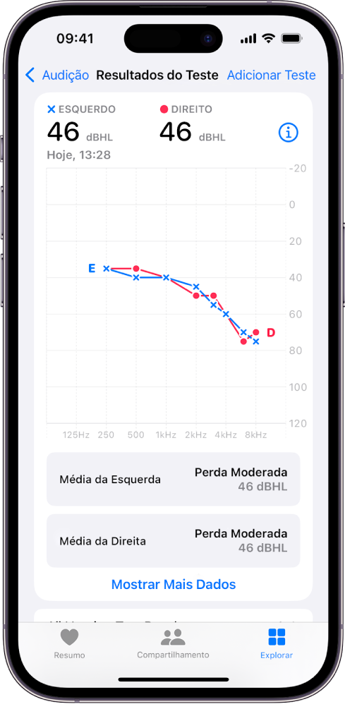 Audiograma no iPhone mostrando perda auditiva moderada em ambos os ouvidos.