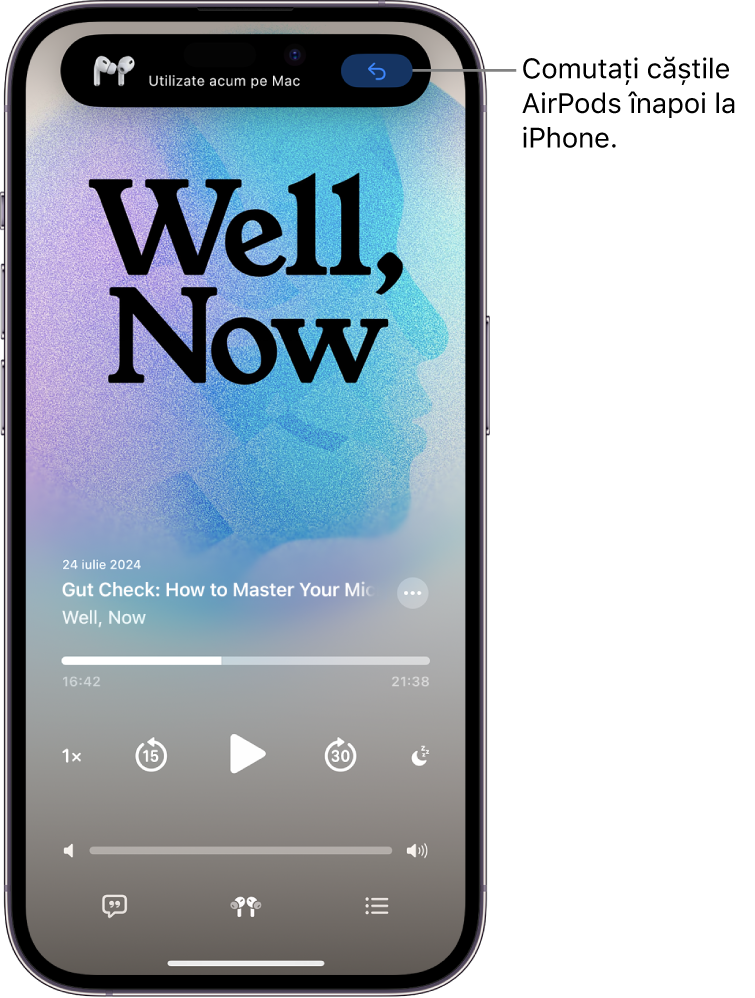Ecran de blocare de pe iPhone, având în partea de sus un mesaj cu textul “Utilizate acum pe Mac” și un buton pentru a comuta căștile AirPods înapoi la iPhone.