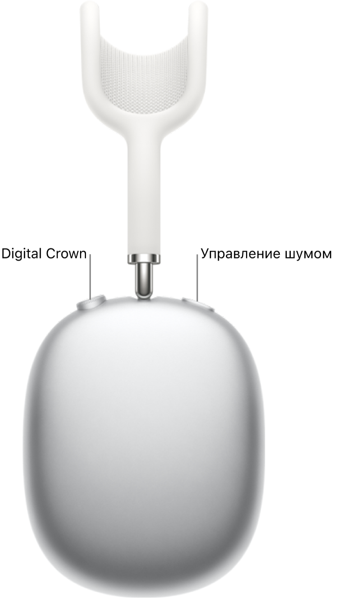 Показан правый наушник AirPods Max, колесико Digital Crown в левой верхней части наушника и кнопка управления шумом в правой верхней части наушника.