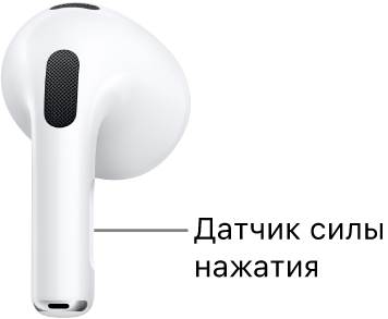 Местонахождение датчика уровня силы — вдоль ножки каждого из наушников AirPods 3.