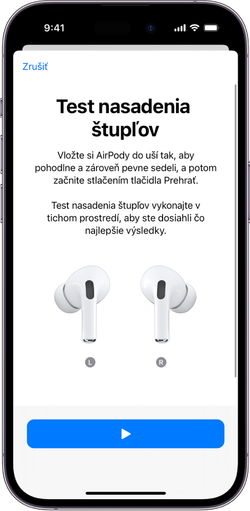 Obrazovka iPhonu zobrazujúca test nasadenia štupľov pre AirPody Pro 1.