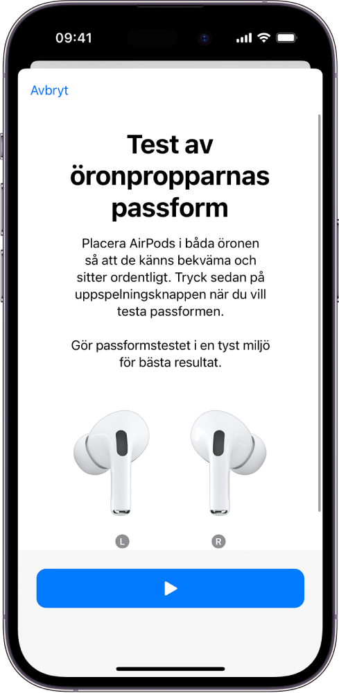 En iPhone-skärm som visar Test av öronpropparnas passform för AirPods Pro 1.